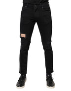 Dolce & Gabbana Black Cotton Tattered Skinny Denim Logo Jeans - Eljoys Fashion 
