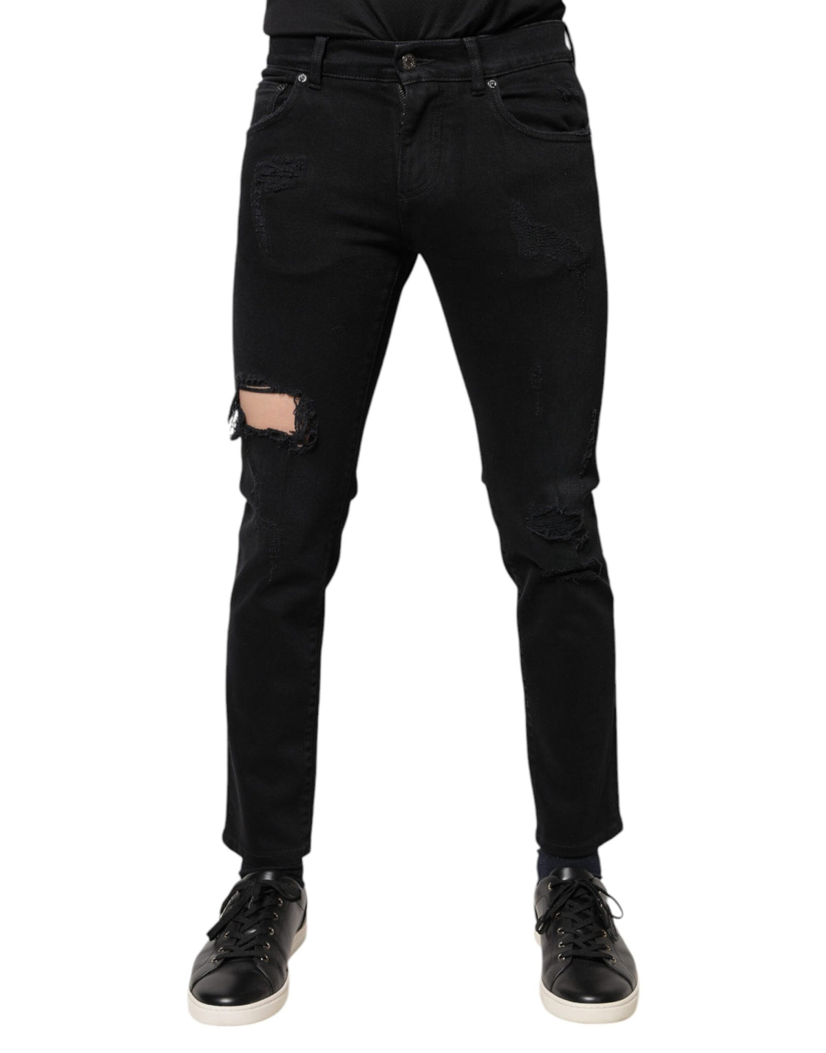 Dolce & Gabbana Black Cotton Tattered Skinny Denim Logo Jeans - Eljoys Fashion 