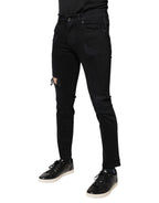 Dolce & Gabbana Black Cotton Tattered Skinny Denim Logo Jeans - Eljoys Fashion 
