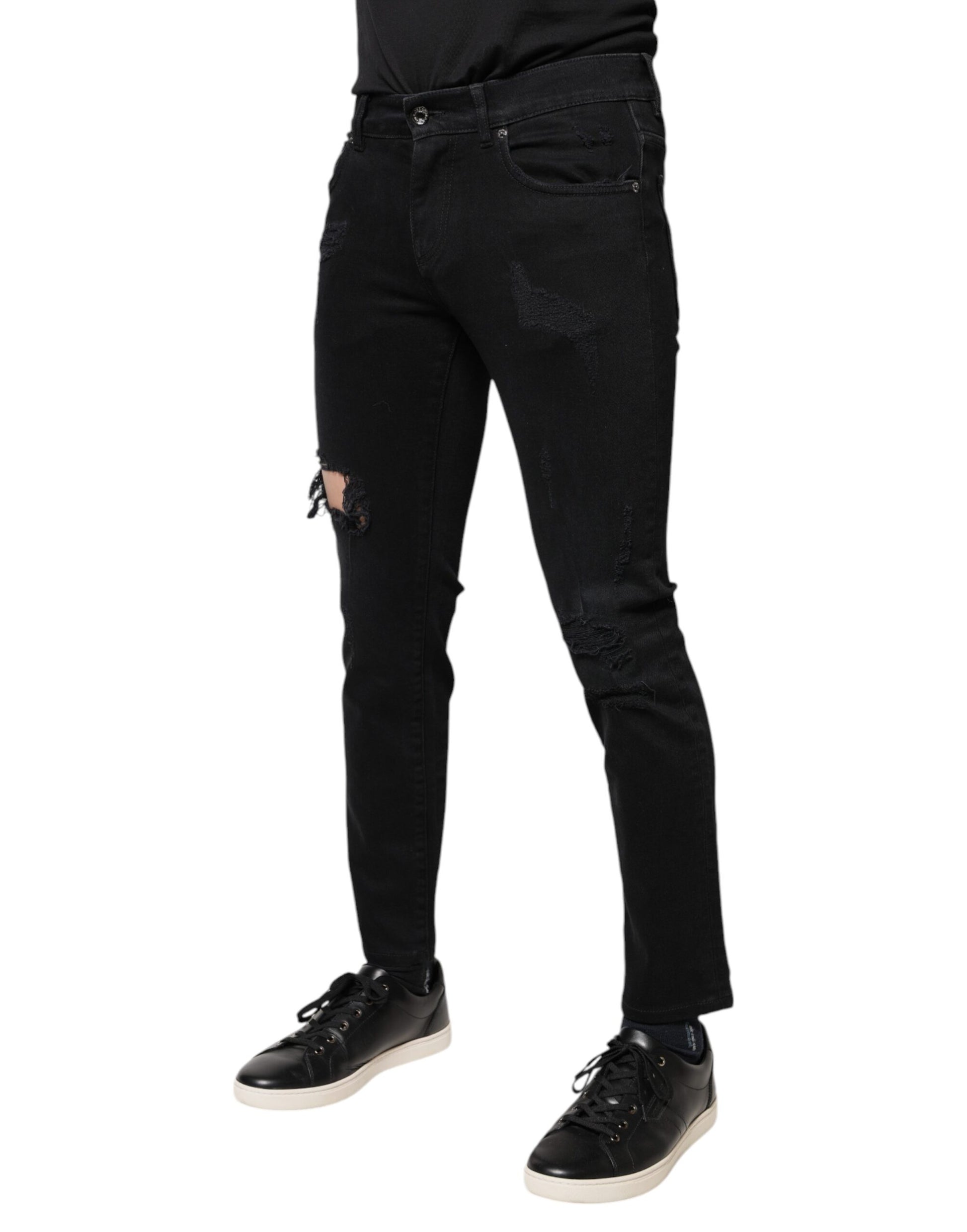 Dolce & Gabbana Black Cotton Tattered Skinny Denim Logo Jeans Dolce & Gabbana