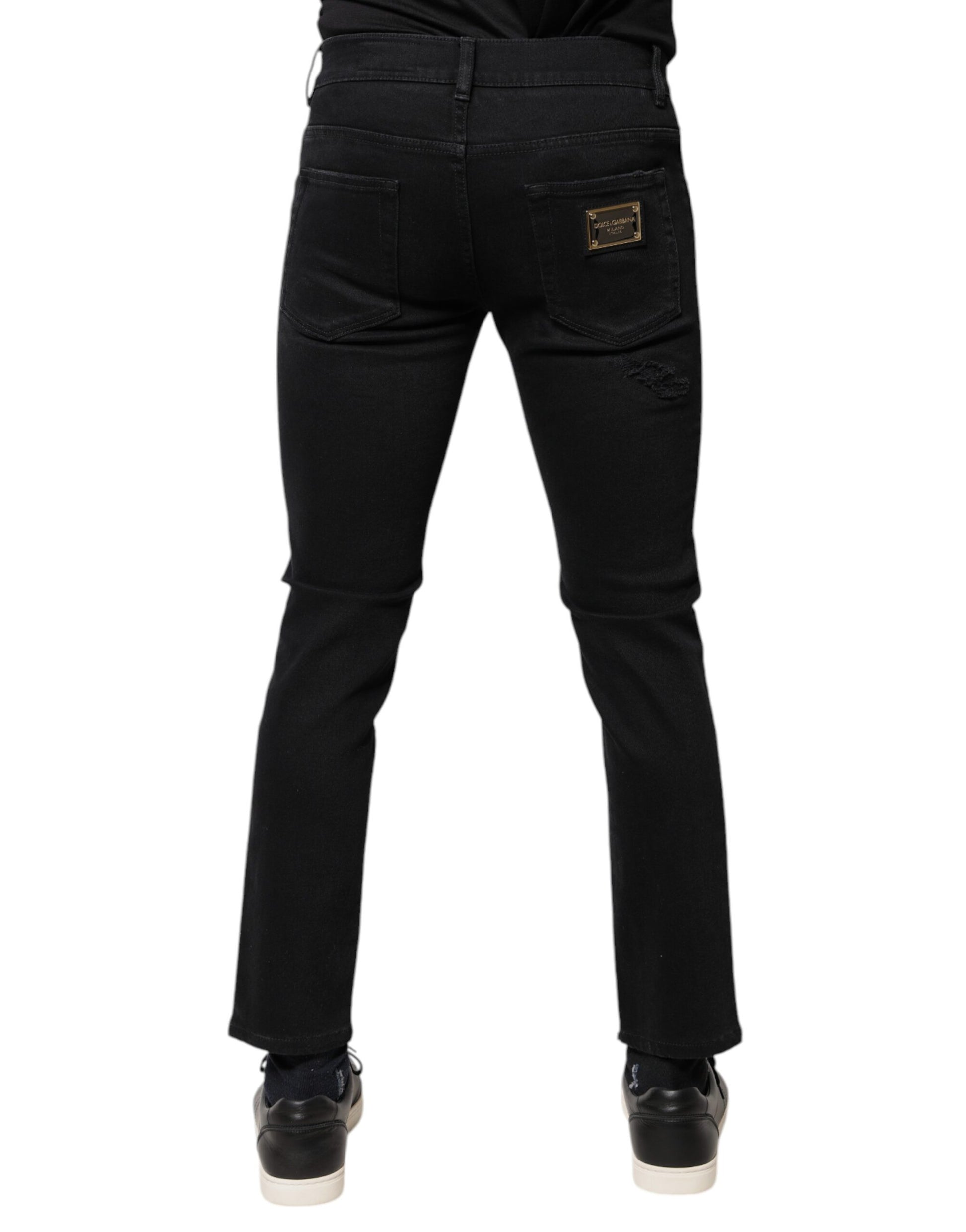 Dolce & Gabbana Black Cotton Tattered Skinny Denim Logo Jeans Dolce & Gabbana