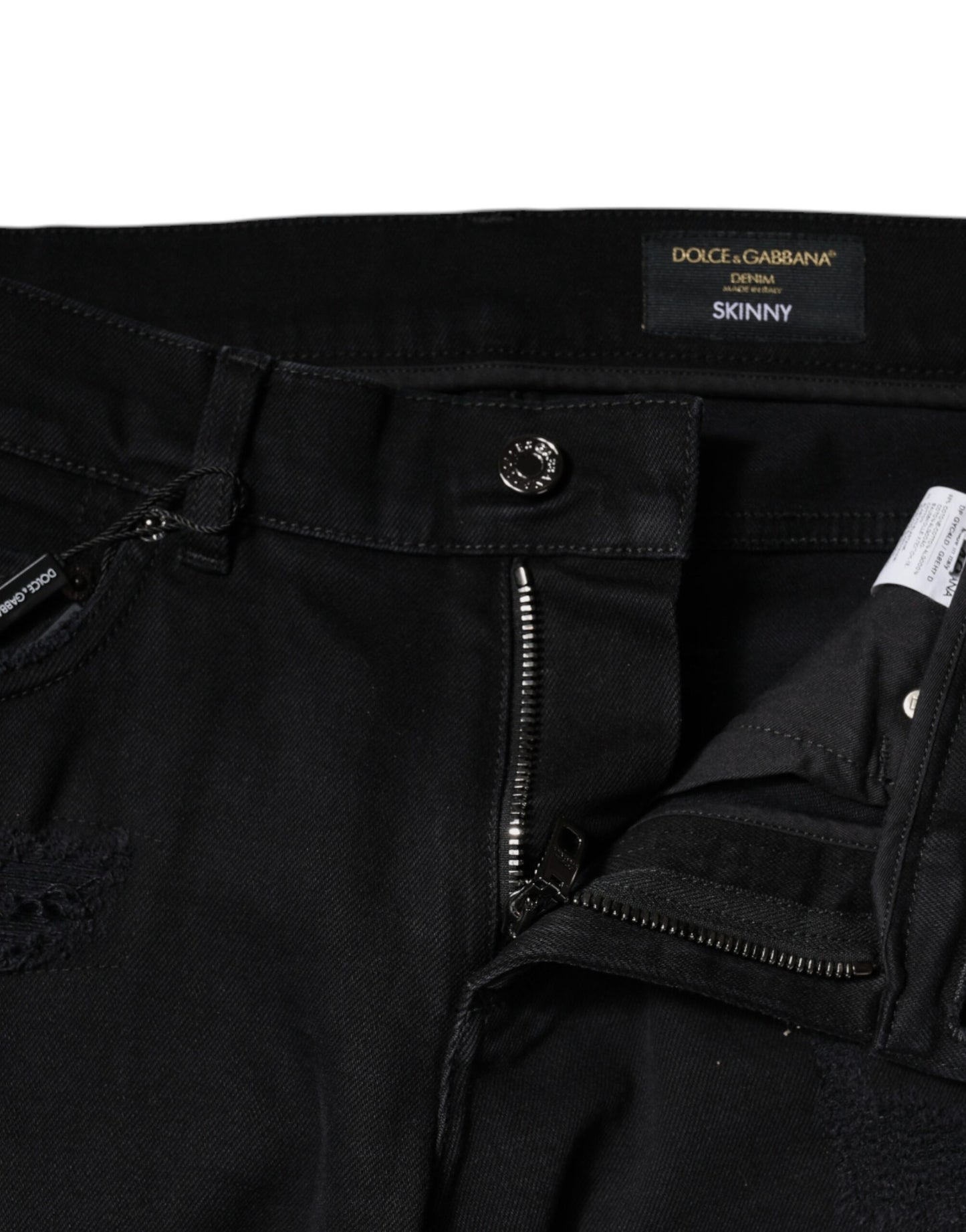 Dolce & Gabbana Black Cotton Tattered Skinny Denim Logo Jeans Dolce & Gabbana