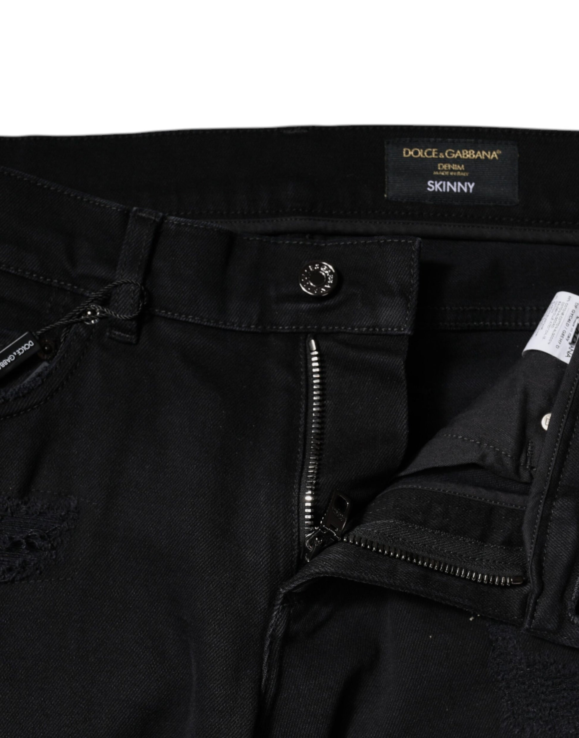 Dolce & Gabbana Black Cotton Tattered Skinny Denim Logo Jeans Dolce & Gabbana