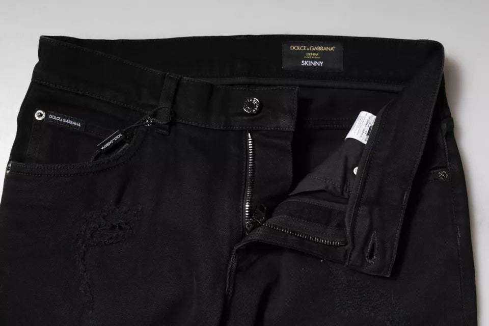 Dolce & Gabbana Black Cotton Tattered Skinny Denim Logo Jeans Dolce & Gabbana