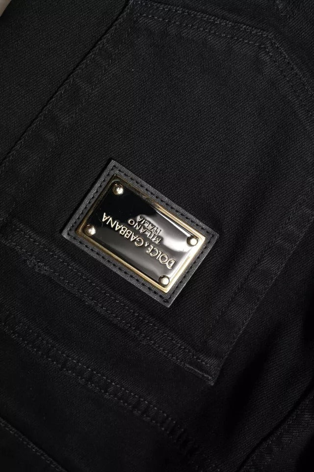Dolce & Gabbana Black Cotton Tattered Skinny Denim Logo Jeans Dolce & Gabbana