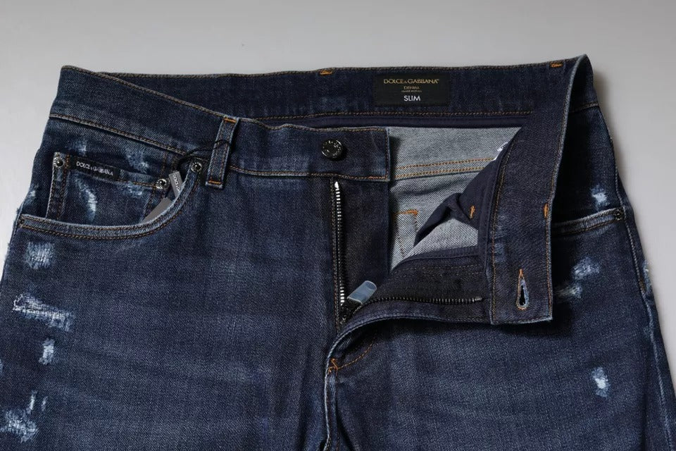 Dolce & Gabbana Blue Cotton Logo Print Slim Fit Denim Jeans Dolce & Gabbana