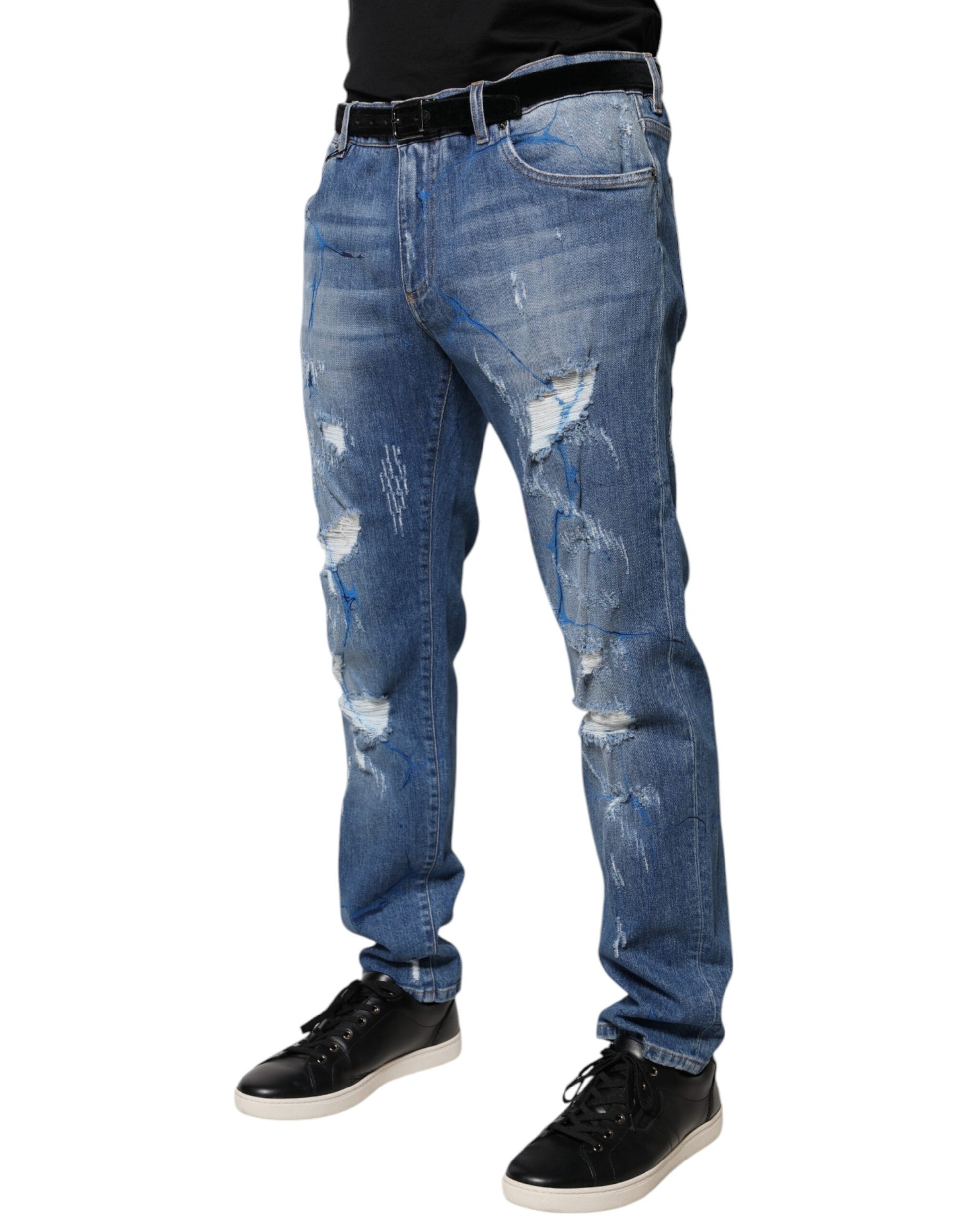 Dolce & Gabbana Blue Cotton Stretch Tattered Skinny Denim Jeans Dolce & Gabbana
