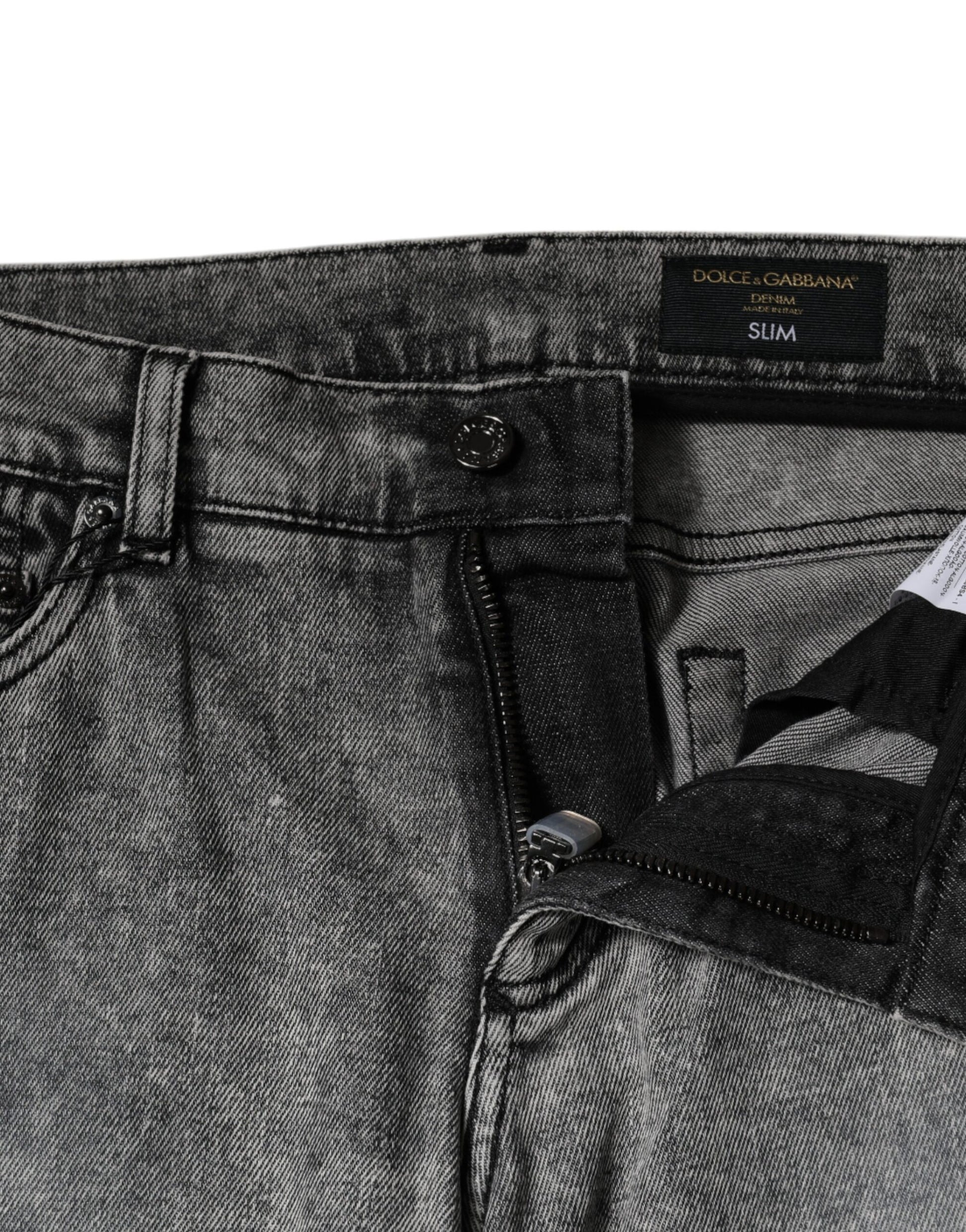 Dolce & Gabbana Gray Logo Plaque Cotton Slim Fit Denim Jeans Dolce & Gabbana