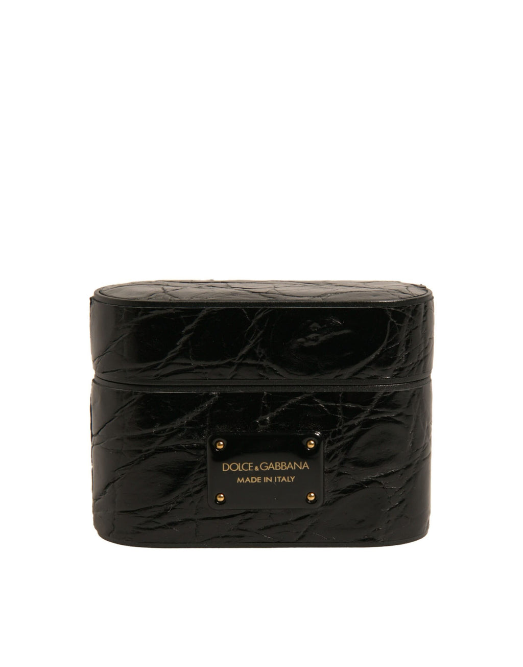 Dolce & Gabbana Black Leather Metal Logo Plaque Holder Airpods Case - Eljoys Fashion 