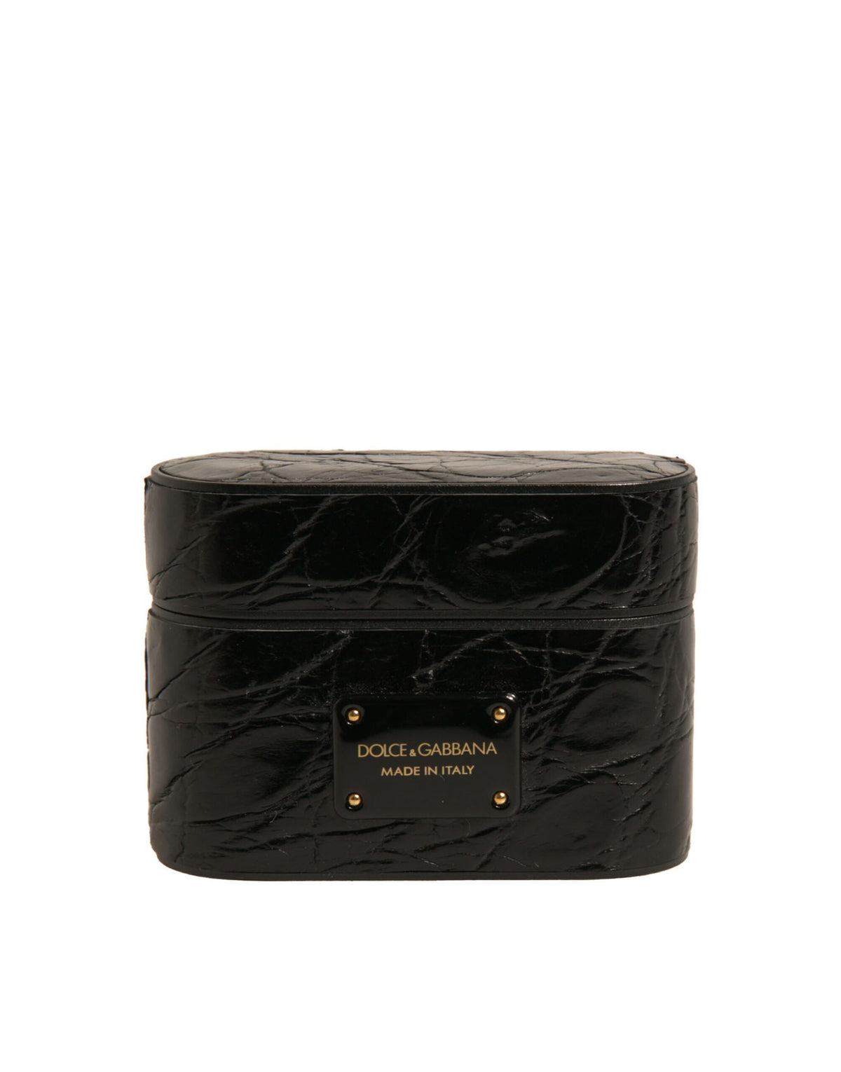 Dolce & Gabbana Black Leather Metal Logo Plaque Holder Airpods Case - Eljoys Fashion 