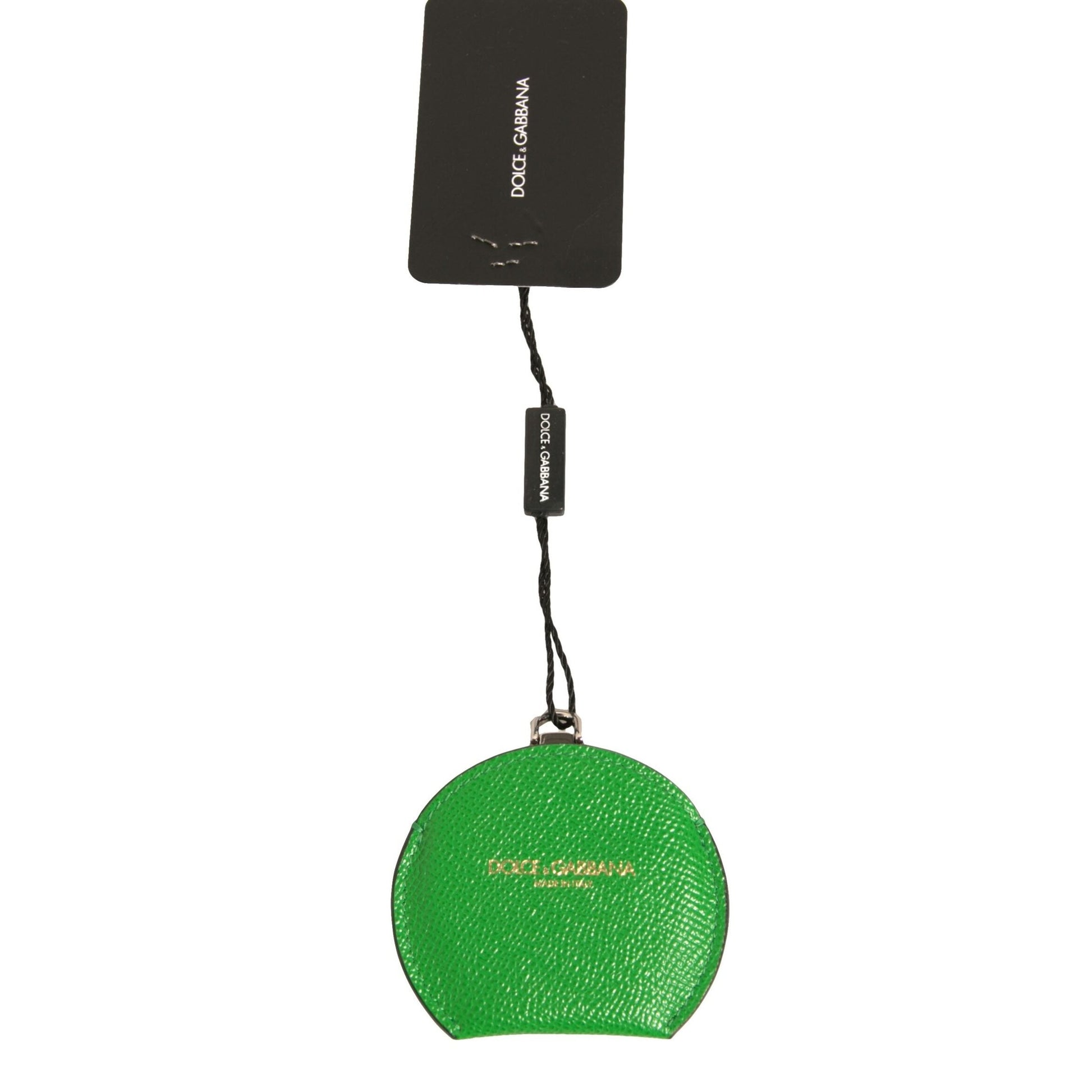 Dolce & Gabbana Green Calfskin Leather Round Logo Hand Mirror Holder