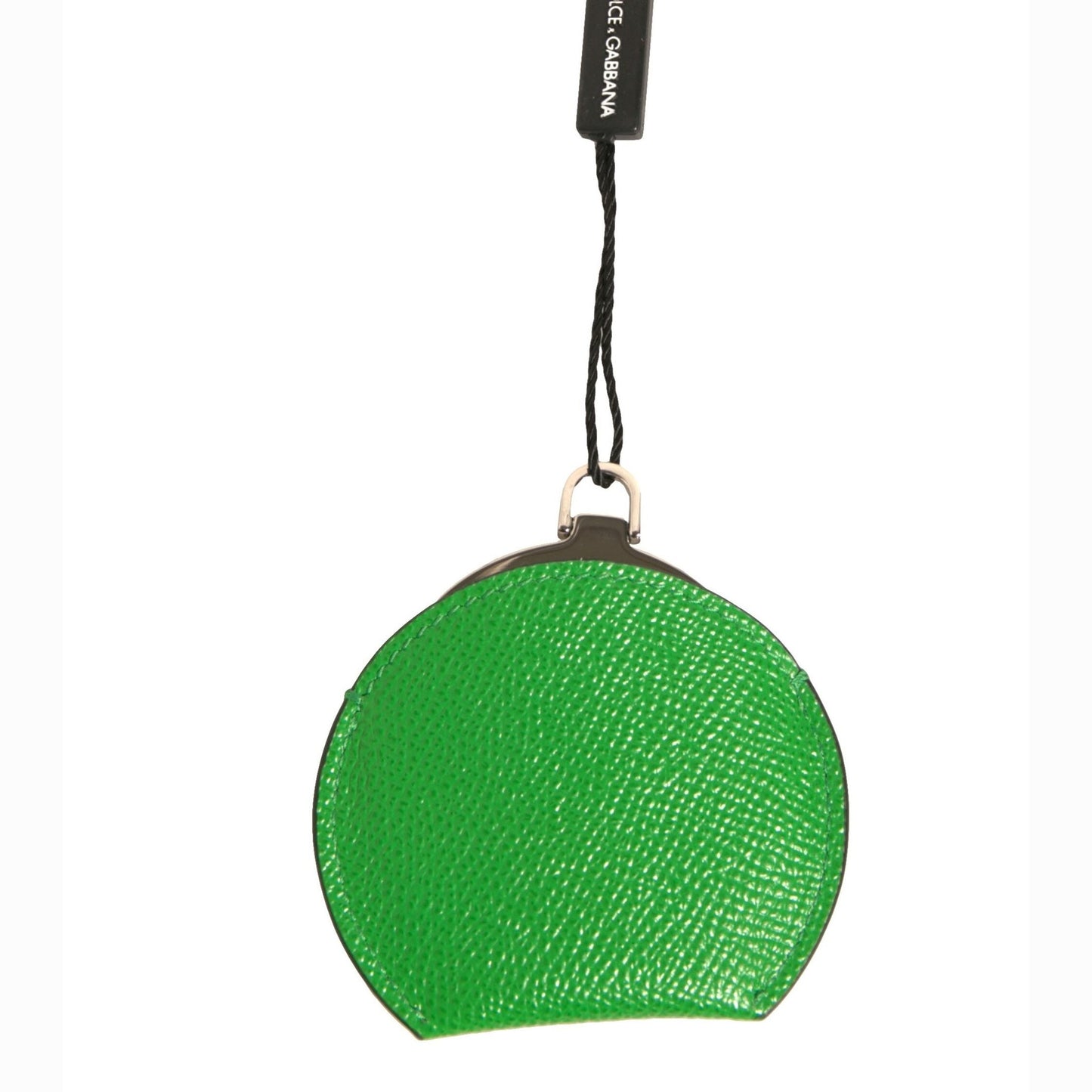 Dolce & Gabbana Green Calfskin Leather Round Logo Hand Mirror Holder