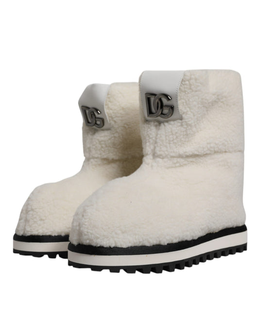 Dolce & Gabbana White Plush Logo Padded Mid Calf Boots Shoes Dolce & Gabbana
