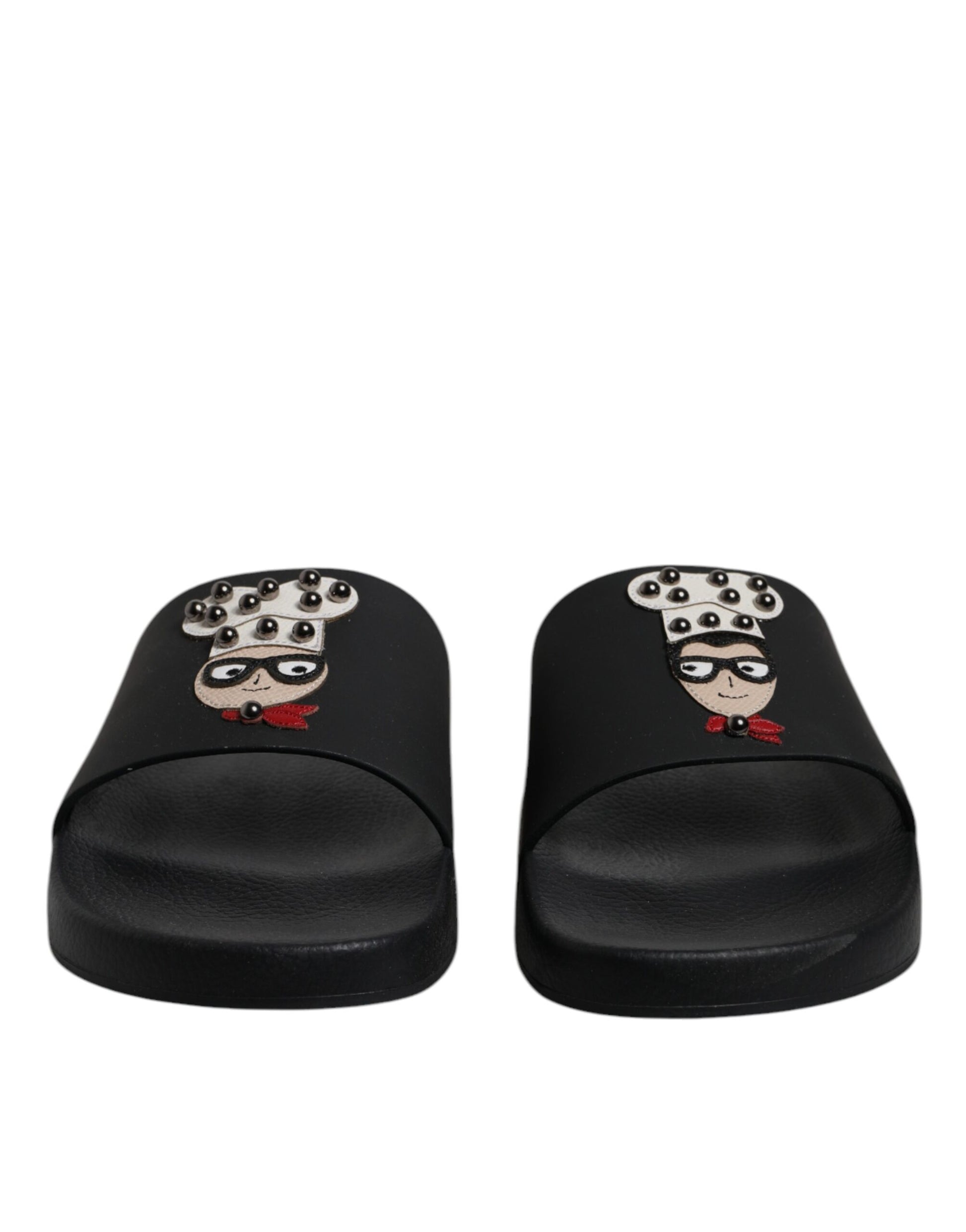 Dolce & Gabbana Black Leather Slides Sandals Beachwear Shoes Dolce & Gabbana