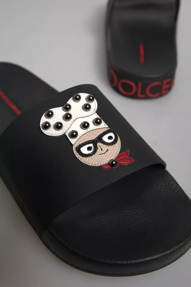 Dolce & Gabbana Black Leather Slides Sandals Beachwear Shoes - Eljoys Fashion 