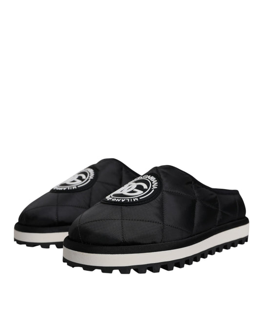 Dolce & Gabbana Black Nylon Quilted Logo Patch Sandals Slides Shoes Dolce & Gabbana