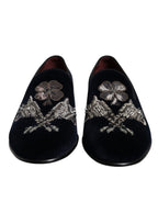 Dolce & Gabbana Black Velvet Floral Gun Loafers Dress Shoes - Eljoys Fashion 