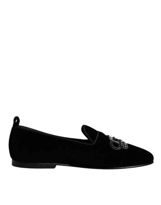 Dolce & Gabbana Black Velvet Crystal Crown Loafers Formal Dress Shoes Dolce & Gabbana