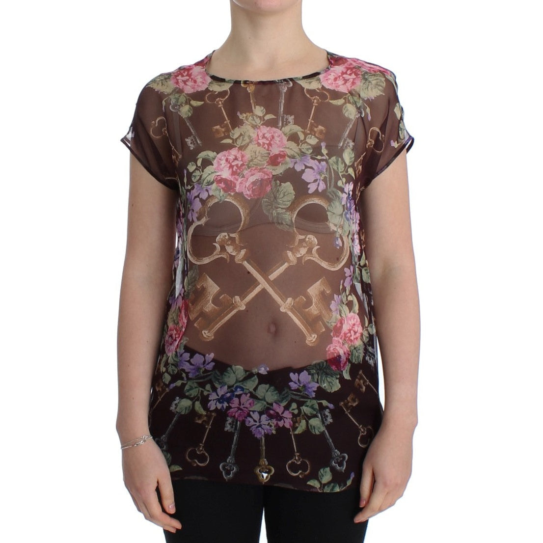 Dolce & Gabbana Black Key Floral Print Silk Blouse T-shirt Dolce & Gabbana