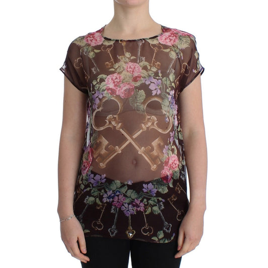 Dolce & Gabbana Black Key Floral Print Silk Blouse T-shirt Dolce & Gabbana