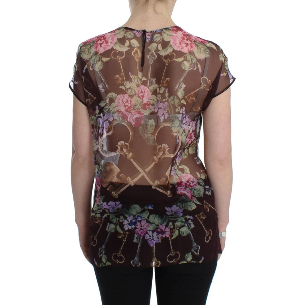 Dolce & Gabbana Black Key Floral Print Silk Blouse T-shirt Dolce & Gabbana