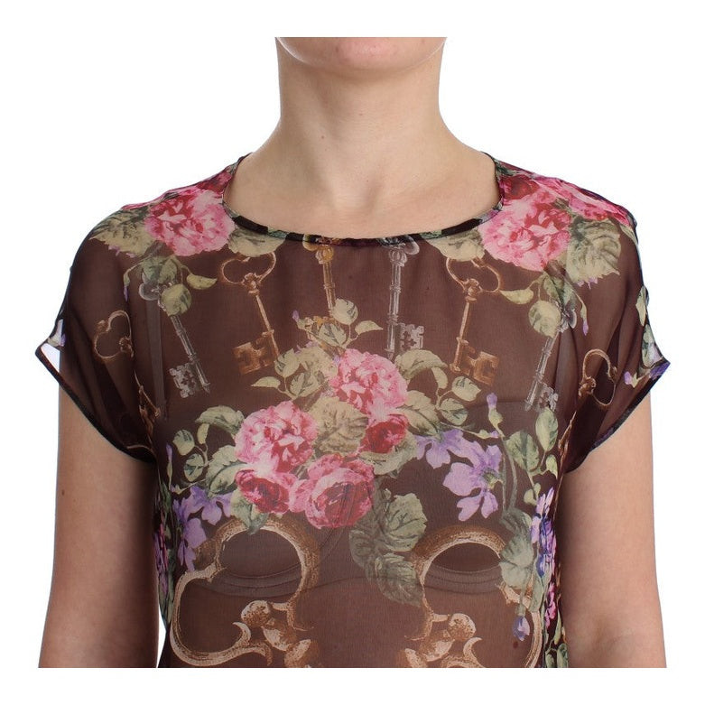 Dolce & Gabbana Black Key Floral Print Silk Blouse T-shirt Dolce & Gabbana