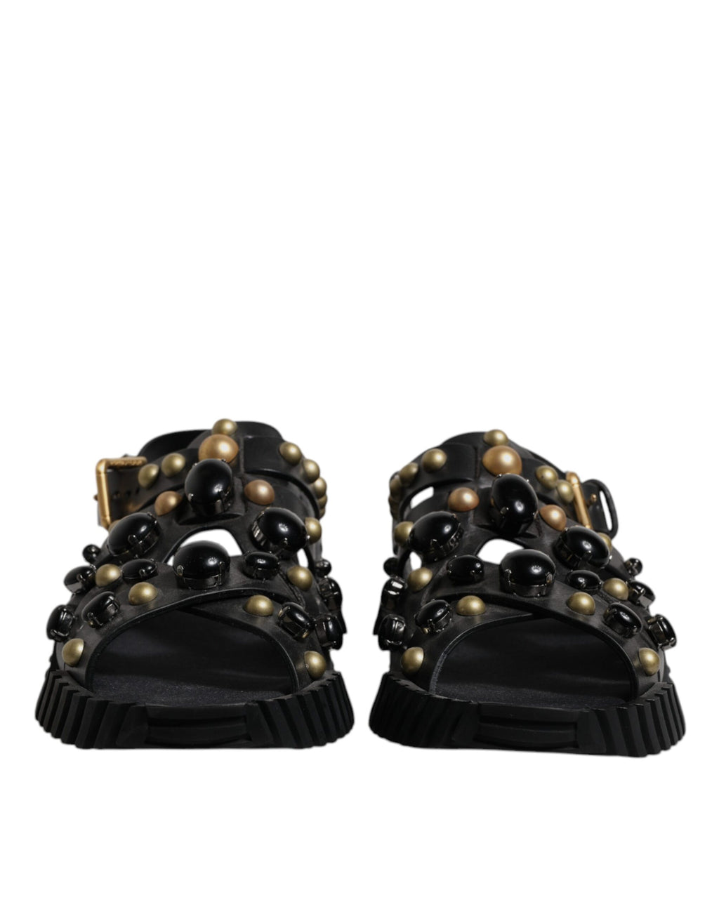 Dolce & Gabbana Black Leather Studded Slides Sandals Shoes - Eljoys Fashion 