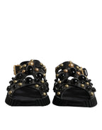 Dolce & Gabbana Black Leather Studded Slides Sandals Shoes - Eljoys Fashion 