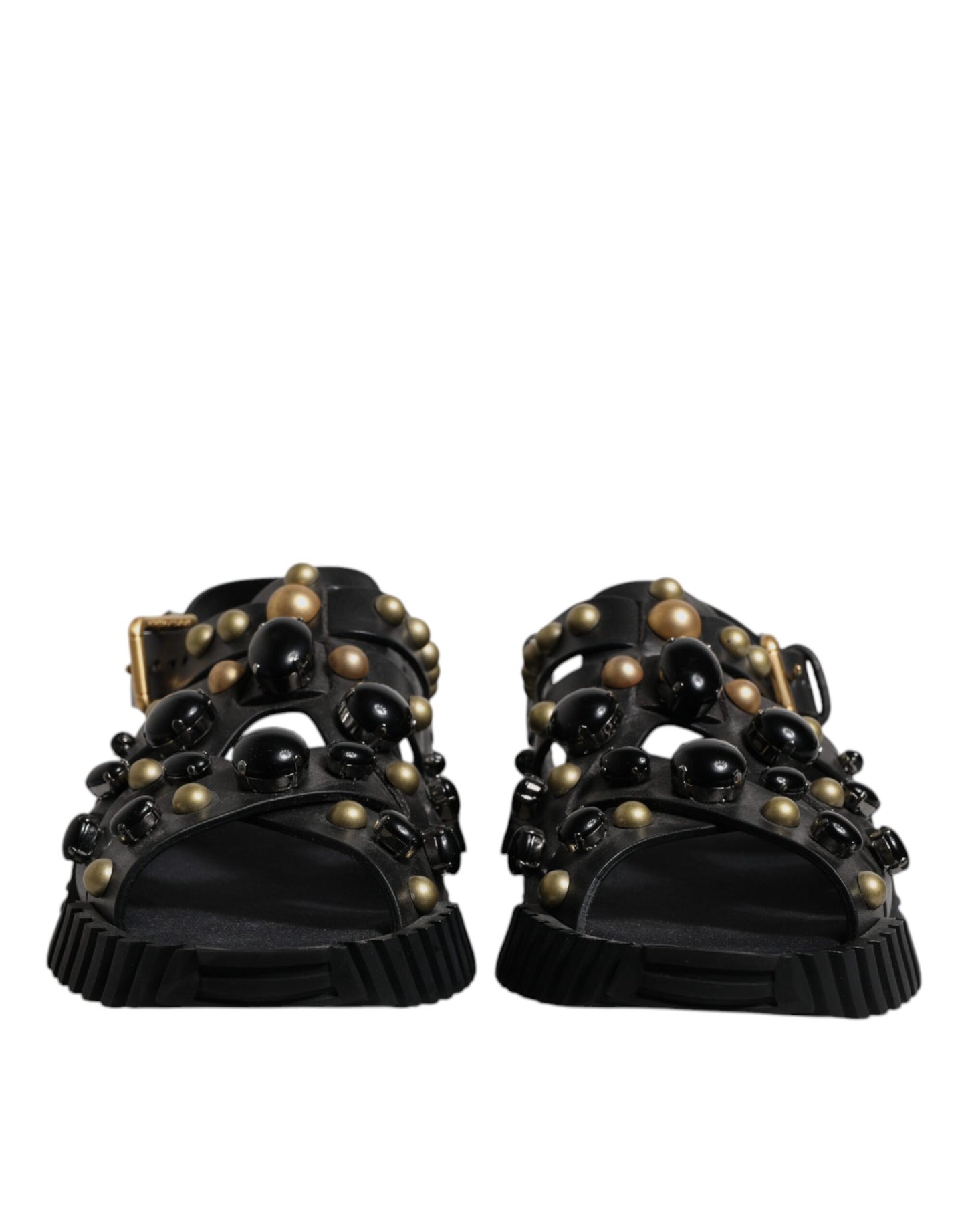 Dolce & Gabbana Black Leather Studded Slides Sandals Shoes Dolce & Gabbana