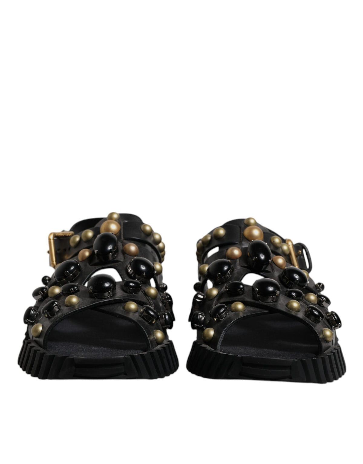Dolce & Gabbana Black Leather Studded Slides Sandals Shoes - Eljoys Fashion 