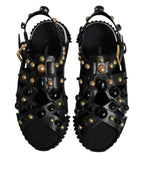 Dolce & Gabbana Black Leather Studded Slides Sandals Shoes - Eljoys Fashion 