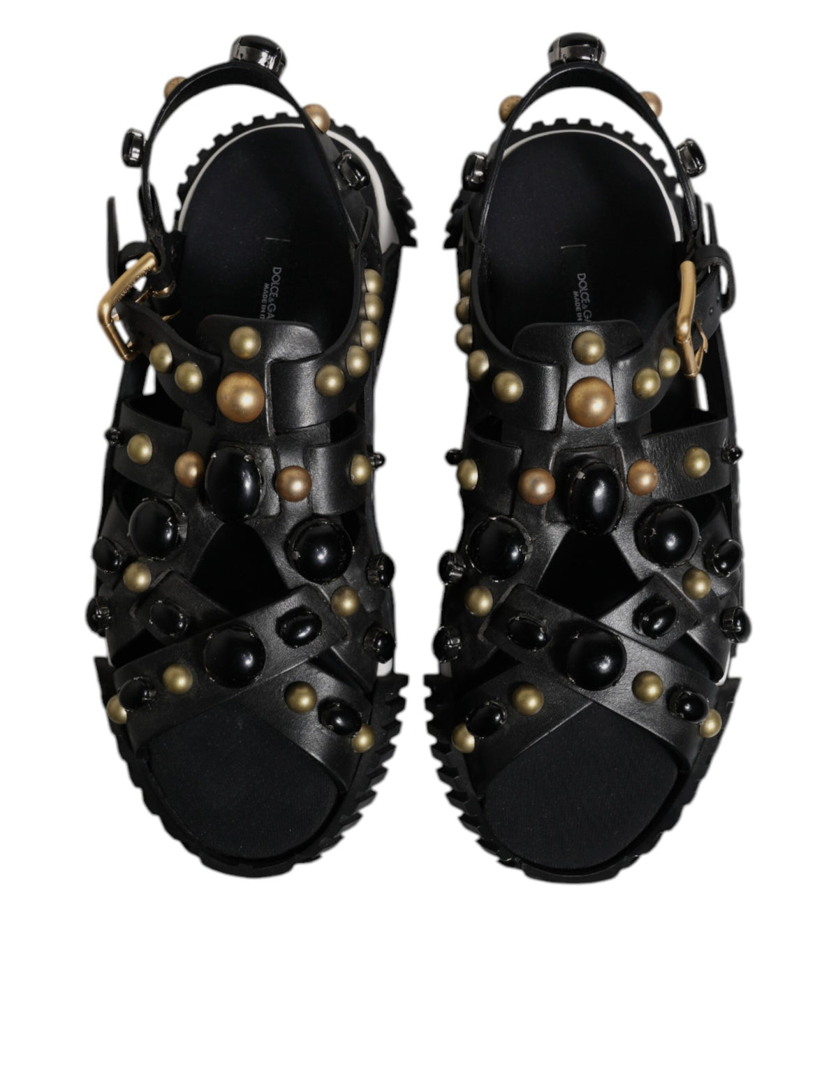 Dolce & Gabbana Black Leather Studded Slides Sandals Shoes - Eljoys Fashion 