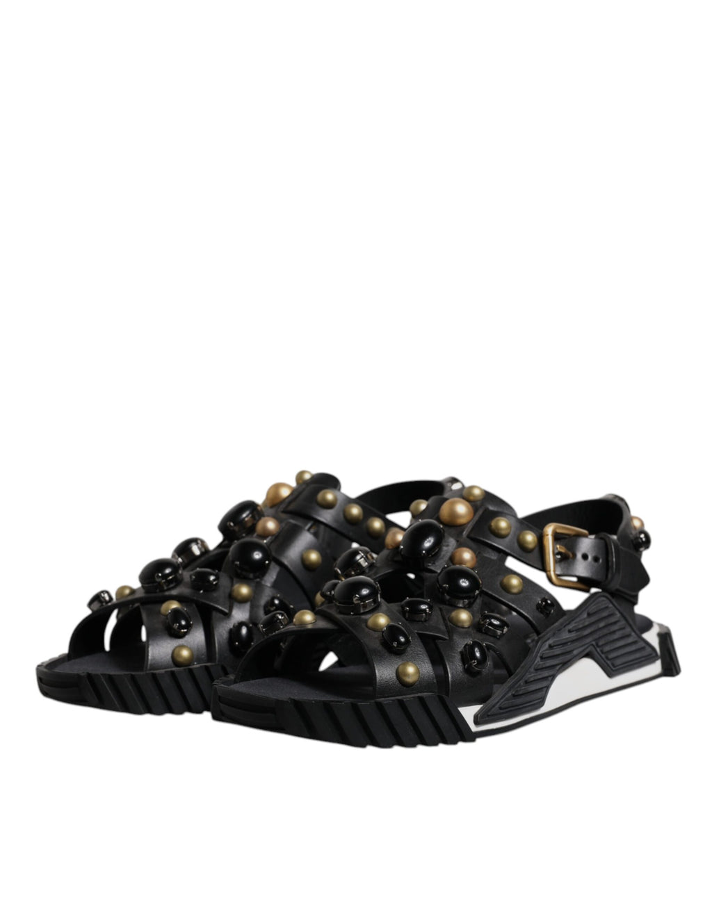 Dolce & Gabbana Black Leather Studded Slides Sandals Shoes - Eljoys Fashion 