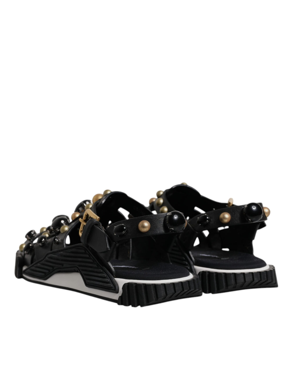 Dolce & Gabbana Black Leather Studded Slides Sandals Shoes - Eljoys Fashion 