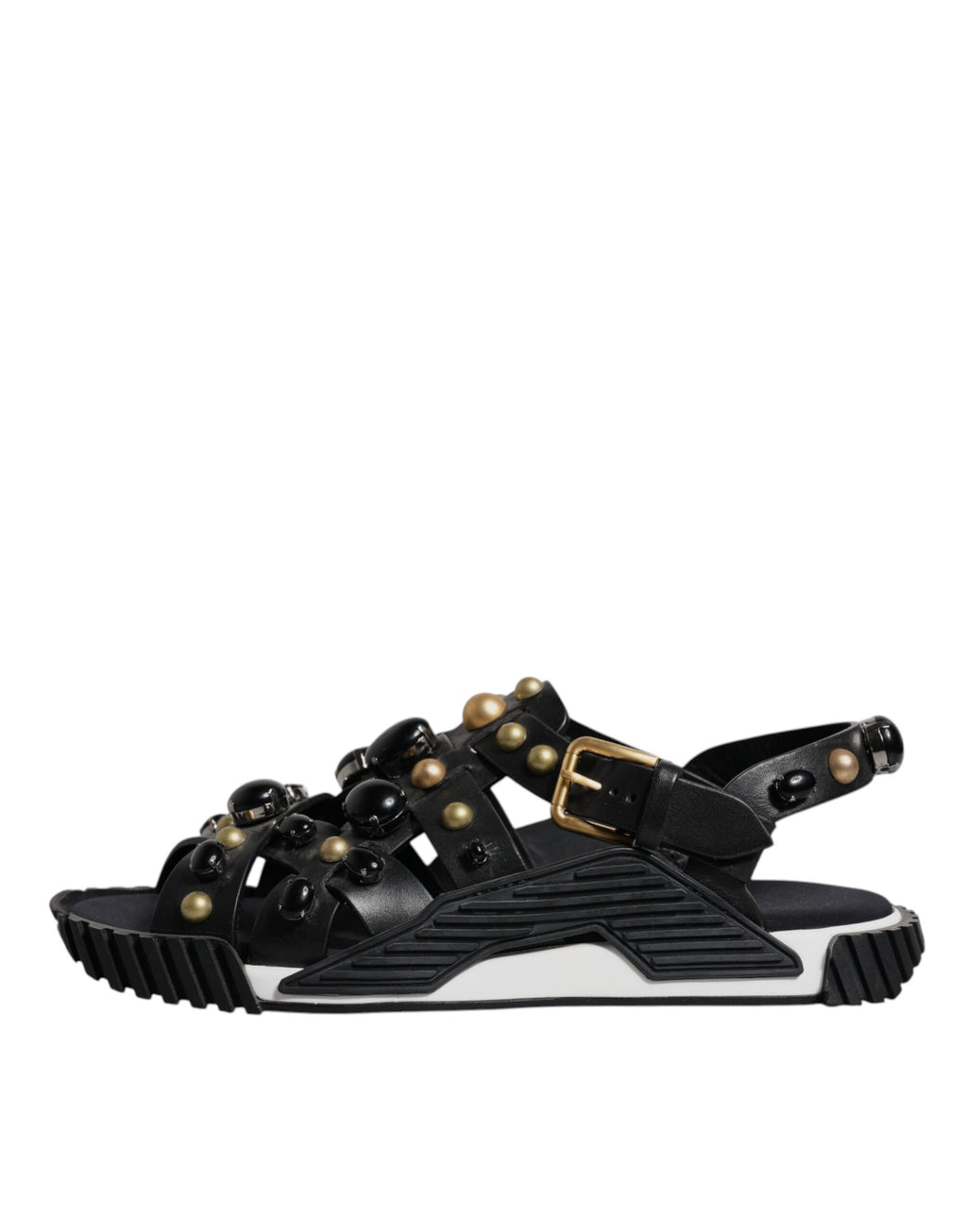 Dolce & Gabbana Black Leather Studded Slides Sandals Shoes - Eljoys Fashion 