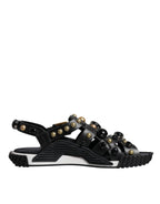 Dolce & Gabbana Black Leather Studded Slides Sandals Shoes - Eljoys Fashion 