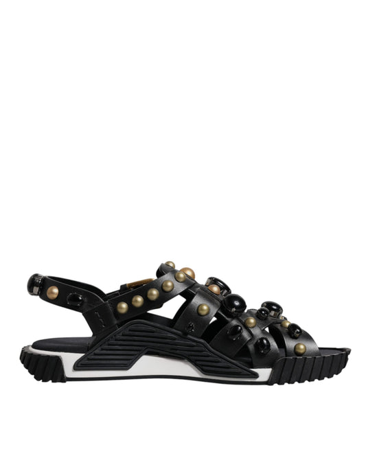 Dolce & Gabbana Black Leather Studded Slides Sandals Shoes Dolce & Gabbana
