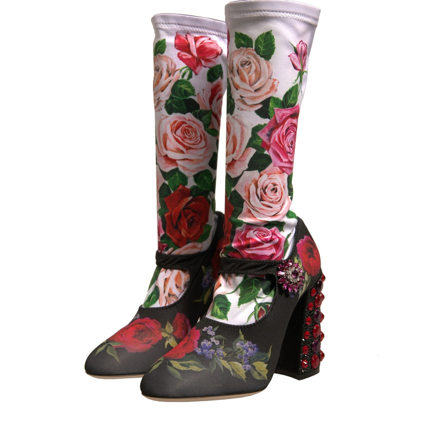 Dolce & Gabbana Black Floral Socks Crystal Boots Jersey Shoes Dolce & Gabbana