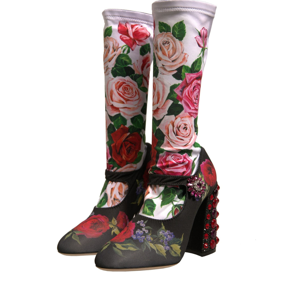 Black floral socks and crystal-embellished jersey shoes by Dolce & Gabbana featured in the product image.
