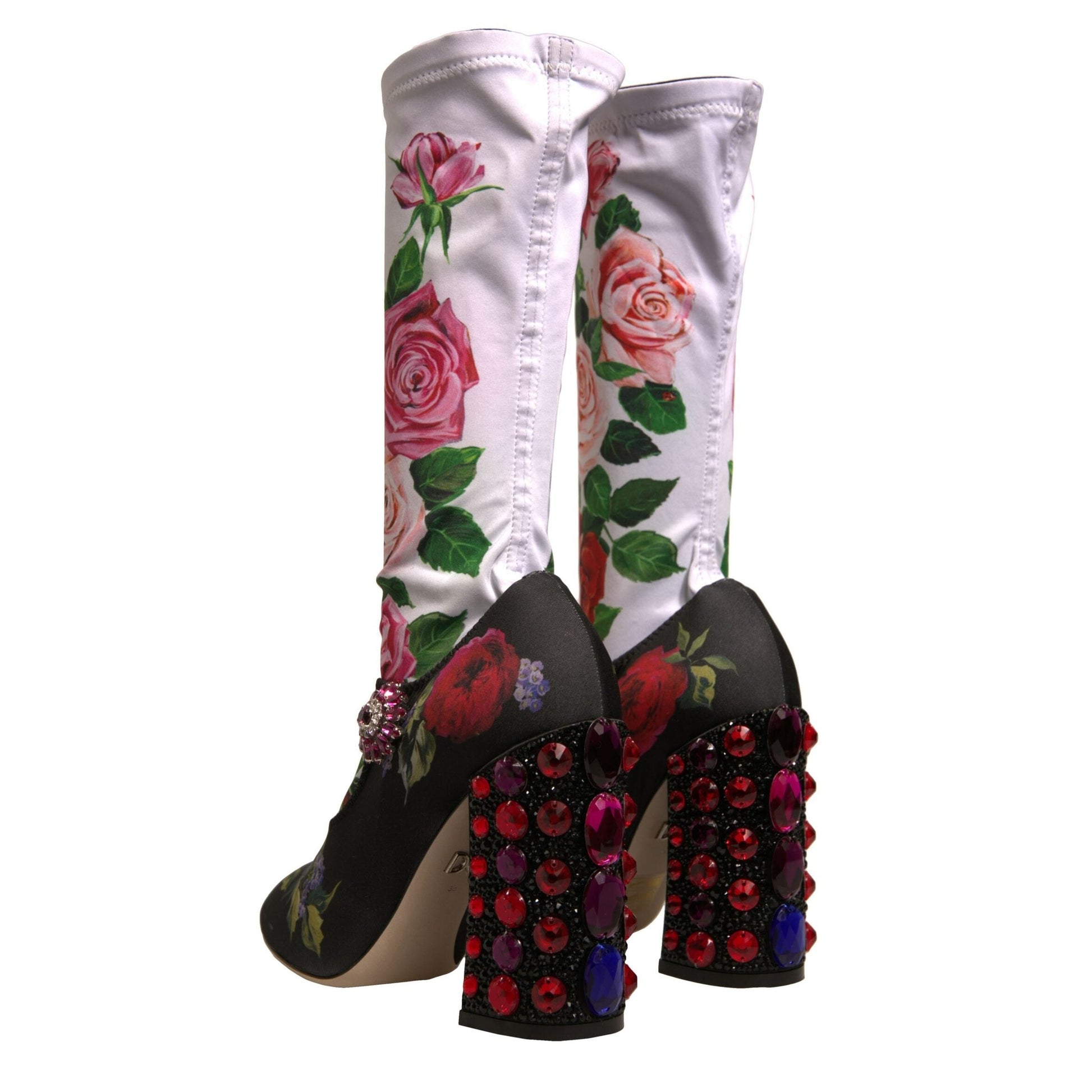 Dolce & Gabbana Black Floral Socks Crystal Boots Jersey Shoes Dolce & Gabbana