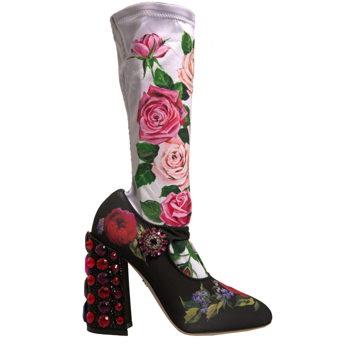 Dolce & Gabbana Black Floral Socks Crystal Boots Jersey Shoes Dolce & Gabbana