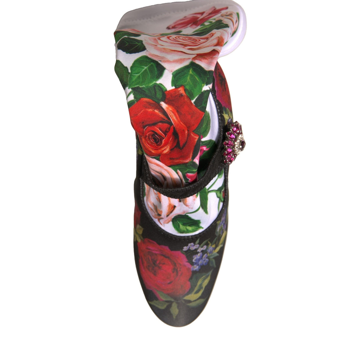 Dolce & Gabbana black floral socks paired with crystal-embellished jersey shoes in this stylish product image.