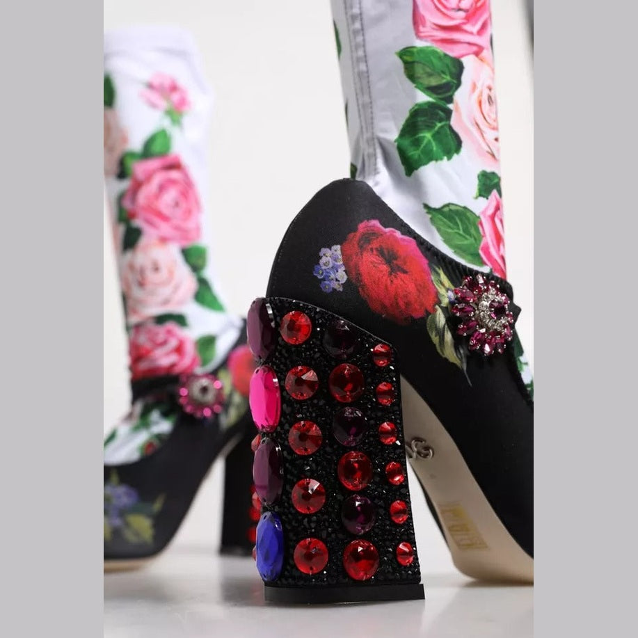 Dolce & Gabbana Black Floral Socks Crystal Boots Jersey Shoes Dolce & Gabbana