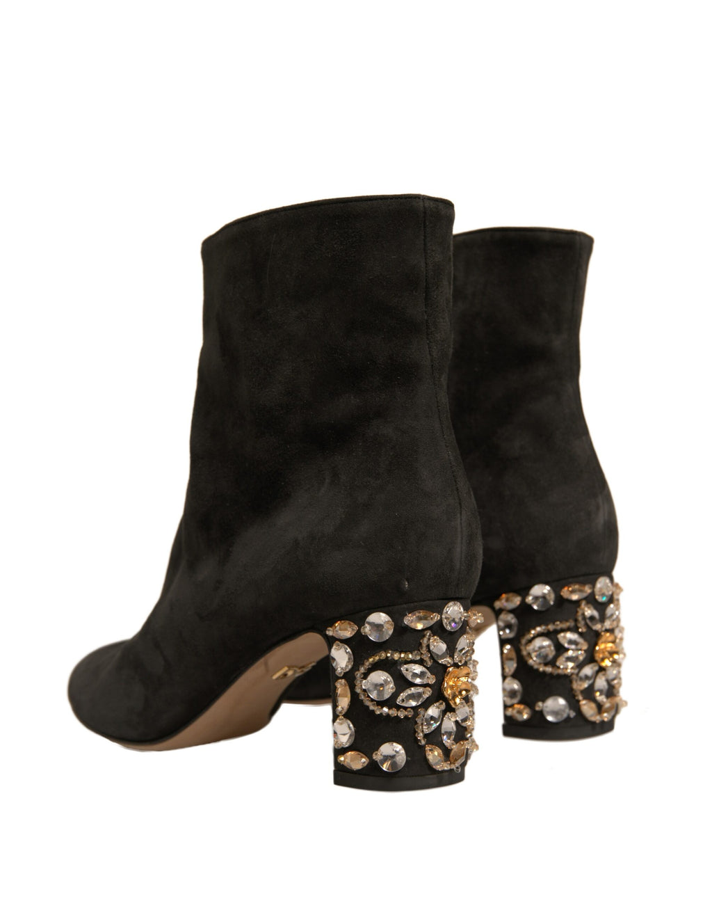 Dolce & Gabbana black embellished heel ankle boots with pointed toes and decorative details, stylish and elegant footwear.