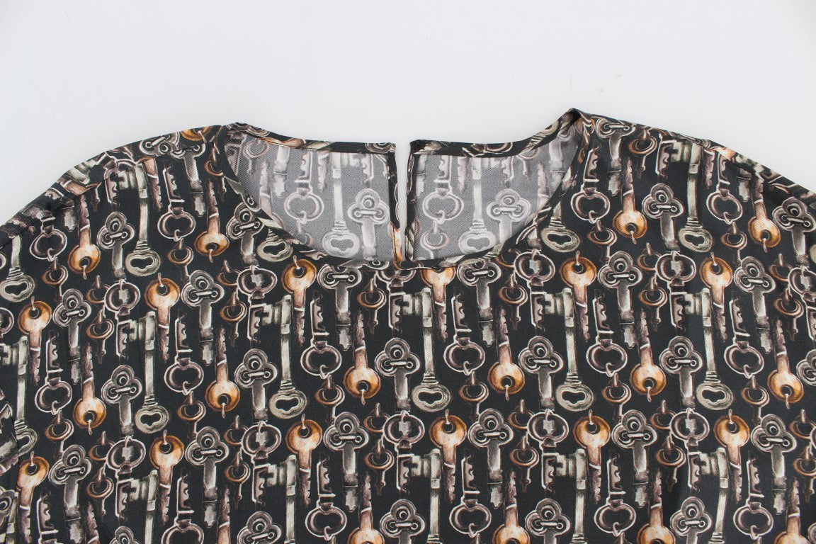 Dolce & Gabbana Gray Gold Key Print Silk Blouse T-shirt Dolce & Gabbana