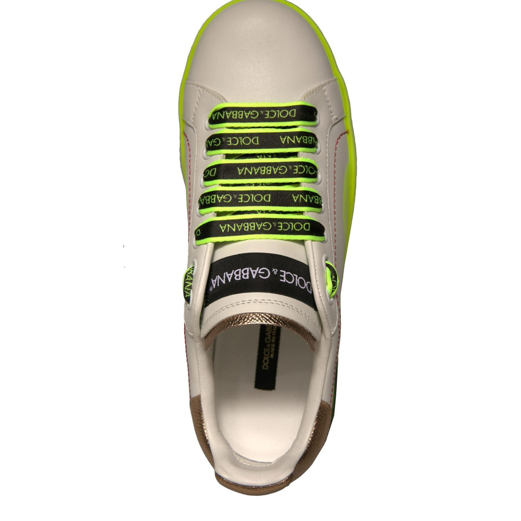 Dolce & Gabbana White Yellow Portofino Leather Sneakers Shoes