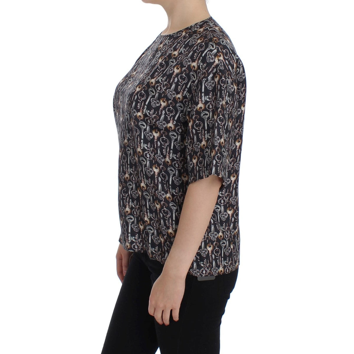 Dolce & Gabbana Gray Gold Key Print Silk Blouse T-shirt
