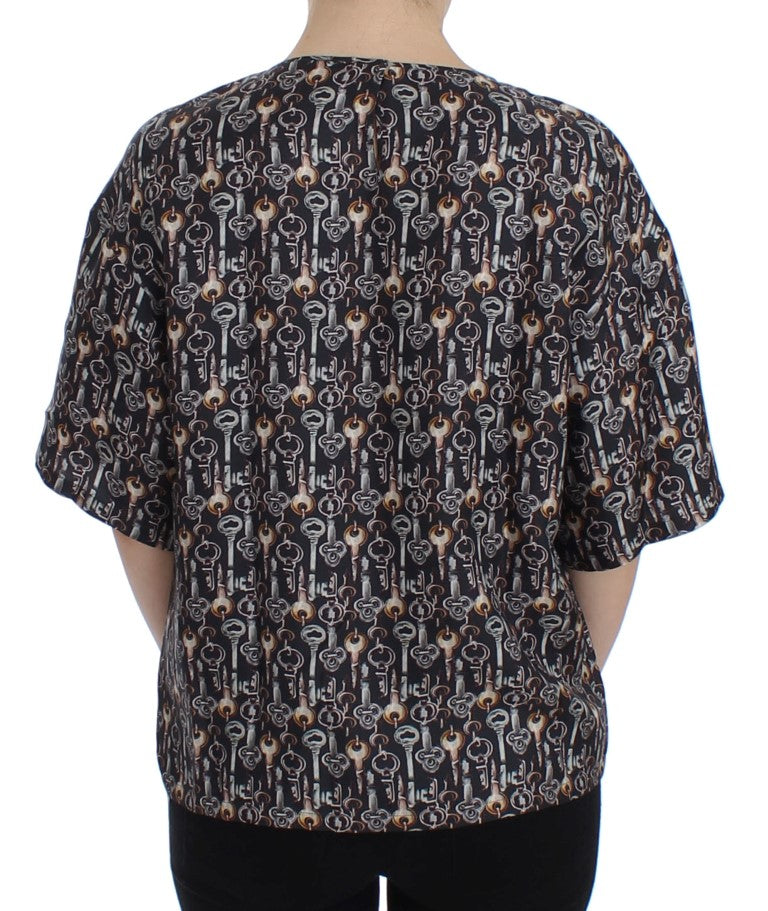 Dolce & Gabbana Gray Gold Key Print Silk Blouse T-shirt Dolce & Gabbana