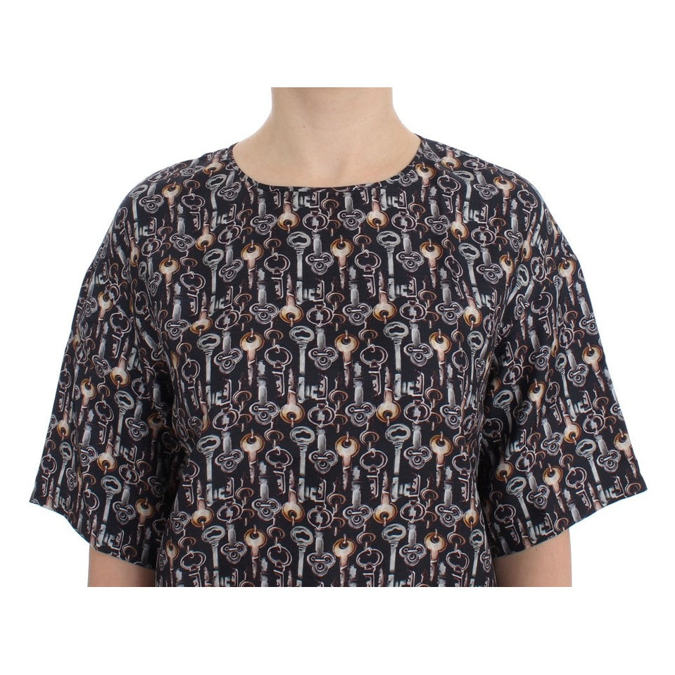 Dolce & Gabbana Gray Gold Key Print Silk Blouse T-shirt