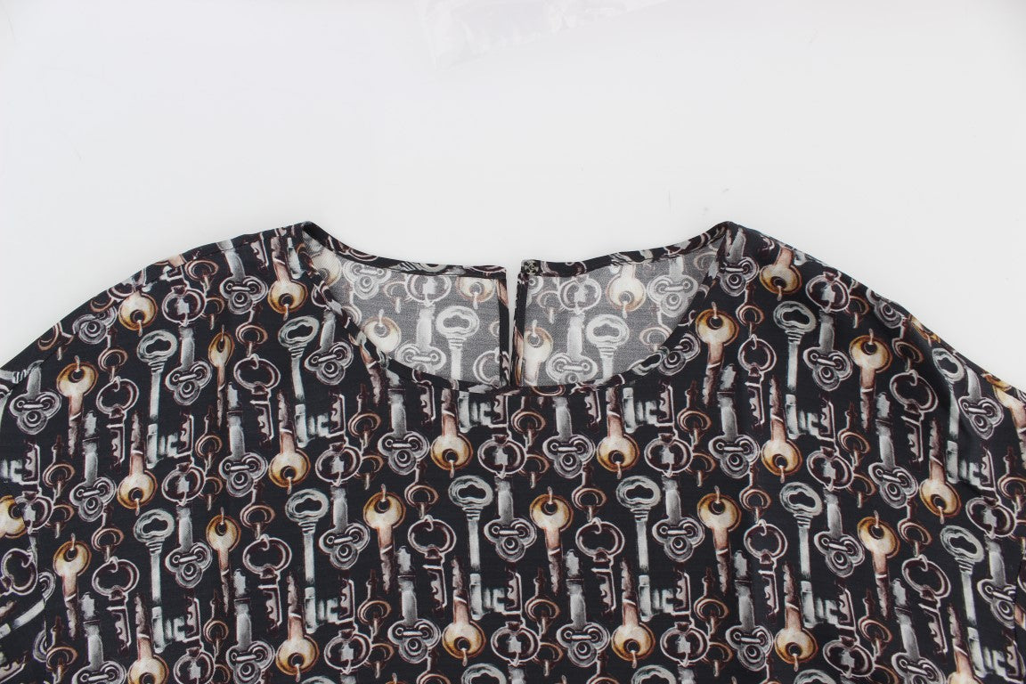 Dolce & Gabbana Gray Gold Key Print Silk Blouse T-shirt Dolce & Gabbana